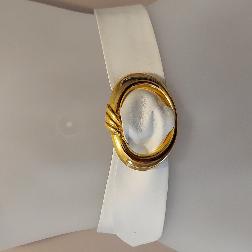 Vintage 90s White Genuine Leather Belt w/ Chunky Gold Statement Buckle Sz Small